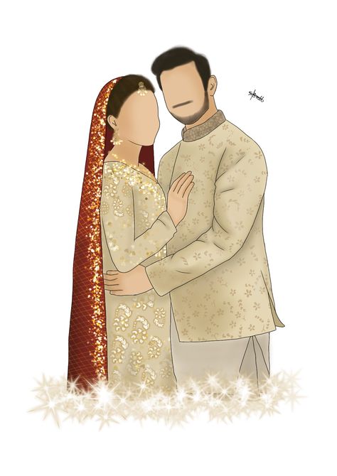 Nikah Illustration, Nikkah Illustration, Indian Wedding Illustration, Dholki Illustration, 27 Ramadan, Muslim Wedding Caricature, Nikah Couple, Wedding Cartoon Muslim, Nikah Couple Illustration