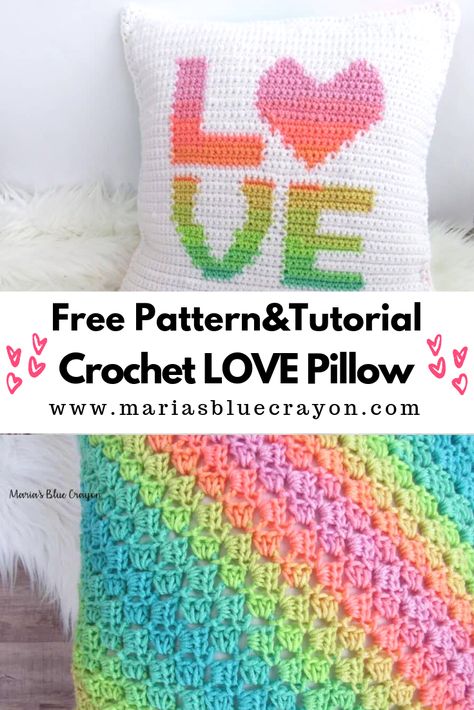 LOVE crochet pillow made with red heart stripes yarn. Get the free pattern on Maria's Blue Crayon blog. #crochet #pillow #rainbow #colorful Crotchet Blankets, Making Pillows, Heart Retro, Blue Crayon, Neck Pillows, Crochet Crowd, Love Pillow, Crochet Fun, Crochet Pillows