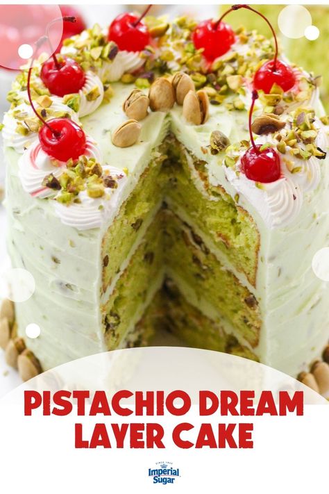 Homemade Pistachio Cake, Pistachio Layer Cake Recipe, 3 Layer Cake Birthday, Exotic Cake Flavors, Pistachio Layer Cake, Pistachio Cake With Box Cake, Pistachio Birthday Cake, Pistachio Cream Cake, Easy Pistachio Cake