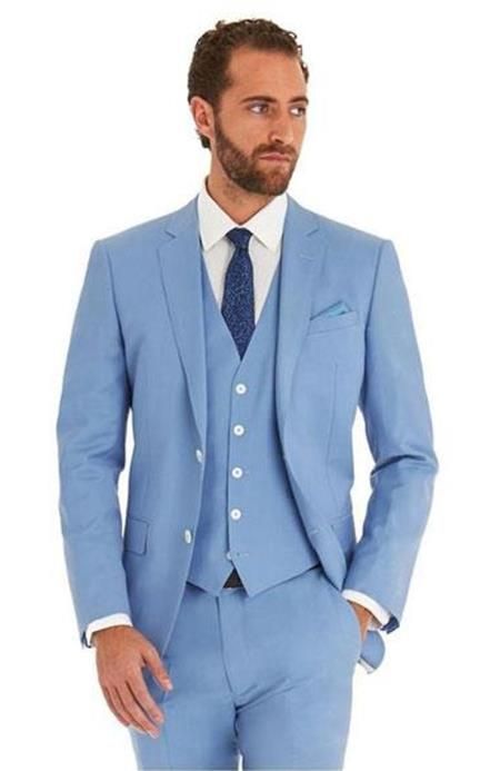 Mens Sky Baby Blue Powder Blue ~ Ocean Single Breated 2 Button Suit 3 Piece Suit Men Wedding, Blue Suit Brown Shoes, 3 Piece Suit Men, Blue Groomsmen Suits, Men's Tuxedo Wedding, Blue Groom, Terno Slim Fit, Blue Tux, Terno Slim