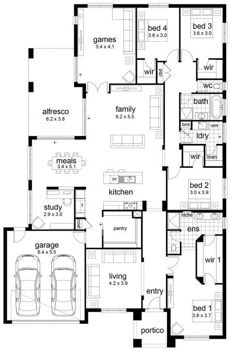 4 recamaras 2 baños Plan Layout, 4 Bedroom House Plans, Floor Plan 4 Bedroom, Home Design Floor Plans, Floor Plan Layout, Bedroom Floor Plans, Family House Plans, 4 Bedroom House, Bedroom House Plans