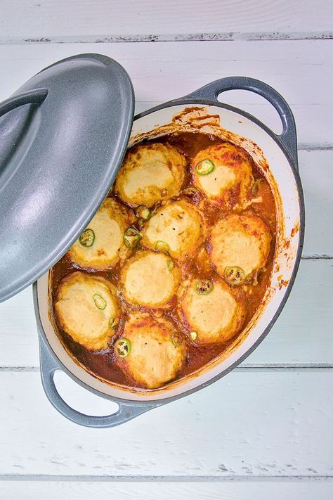 The smoky flavor of this bean-less chili con carne comes from the chipotle peppers in adobo, but the smoked paprika helps too. The cornbread dumplings on top lets you make cornbread to go with the chili all in the same pot. #onepotcomfort #bluejeanchef #o Cornbread Dumplings, Meatless Chili, Blue Jean Chef, With Cornbread, Vegetarian Chili Recipe, Chili And Cornbread, Chipotle Peppers, Dutch Oven Recipes, Cooking 101