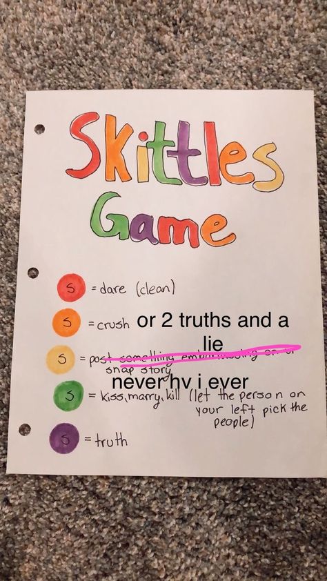 Skittles Games For Kids, Skittle Game Questions, Sleepover Board, Friend Games, Bday Sleepover, Sleepover Packing List, Best Friend Crafts, Skittles Game, Sleepover Stuff