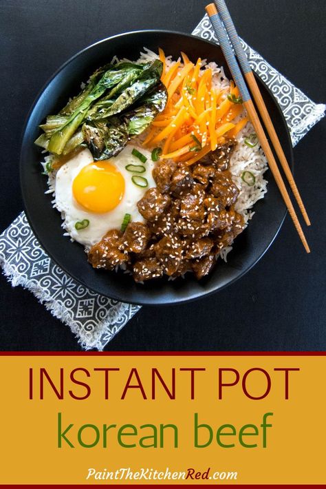 This streamlined recipe for Instant Pot Korean Beef  / Instant Pot Bulgogi makes for a quick weeknight dinner that tastes great in bibimbap -  on a bed of rice, accompanied by sauteed vegetables, pickled carrots, Kimchi, and a fried egg on top.  #instantpot #korean #bulgogi via @paintkitchenred Instant Pot Korean Beef, Beef Instant Pot, Instant Pot Korean, Korean Bulgogi, Instant Food, Egg Baby, Bulgogi Recipe, Background Paint, Pickled Carrots