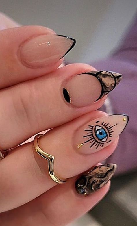 Hamsa Nail Art, Aries Nails, Black Stiletto Nails, Evil Eye Nails, Gel Nails Diy, Girly Acrylic Nails, Eye Design, Dope Nails, Gorgeous Nails