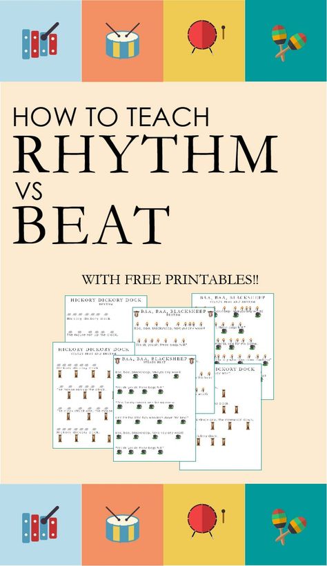 Want to add more music to your child's day? Try this activity that teaches the difference between beat and rhythm. Use the free printables to help! Rhythm Sticks, Rhythm Activities, Kindergarten Music, Homeschool Music, Elementary Music Lessons, Elementary Music Education, Partition Piano, Music Curriculum, Music Lesson Plans