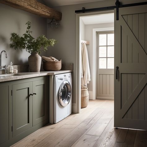 Sliding Door Farmhouse, Utility Garage Room Ideas, Country Boot Room Ideas, Hallway Utility Room, Larder Utility Room, Sliding Utility Door, Boot Room Ideas Utility, Modern Farmhouse Utility Room, Small Utility Room Ideas Uk