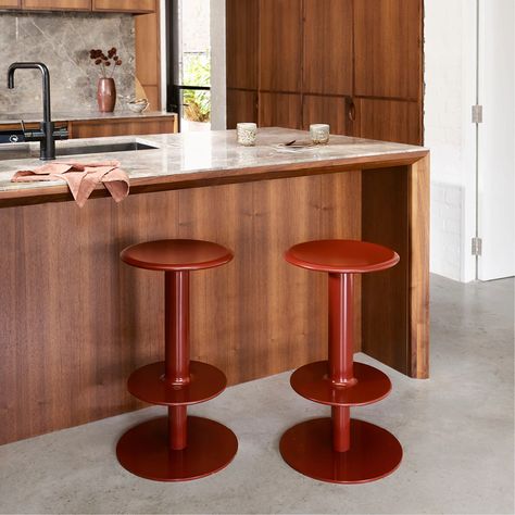 Rev is named after the revolving process of metal spinning; the manufacturing technique used to produce this collection of stools.  Available in five different powdercoat finishes, Rev is a robust stool that can be specified in indoor or outdoor, floor-fixed or loose.  #stool #barstool #kitchen #interiordesign #homeinterior #dreamkitchen #australianhomes #australianfurniture Feminine Furniture, Stone Benchtop, Metal Spinning, Stool Design, Pink Kitchen, Kitchen Cabinetry, The Design Files, Traditional Kitchen, Australian Design