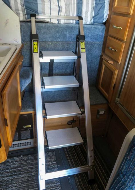 Rv Bunk Ladder Ideas, Rv Bunk Bed Ladder, Bunk Bed Ladder Ideas, Trailer Upgrades, Rv Bunk Beds, Foldable Step Stool, Canal Boat Interior, Trailer Makeover, Bed Ladder