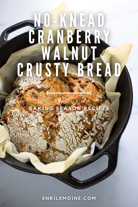 Slightly sweet with a tender crumb, this crusty, no-knead artisan cranberry walnut bread is all you need to start this baking season. This recipe produces the most delicious bread, a beautiful rustic artisan loaf packed with sweet, dry cranberries and crunchy walnuts. Visit my blog for the step-by-step-recipe #byenrilemoine Cranberry Walnut Artisan Bread, Dry Cranberries, Walnut Bread Recipe, Cranberry Walnut Bread, Lemon Pound Cake Recipe, Knead Bread Recipe, Homemade Breads, Artisan Bread Recipes, Walnut Bread