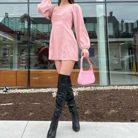 Dress Pink Dress Black Boots, Pink Dress With Boots, Dress With Tights Outfit, Dress With Black Boots, Dress Black Boots, Cute Pink Dress, Mini Dress With Tights, Black Boots Outfit, Tights Outfit