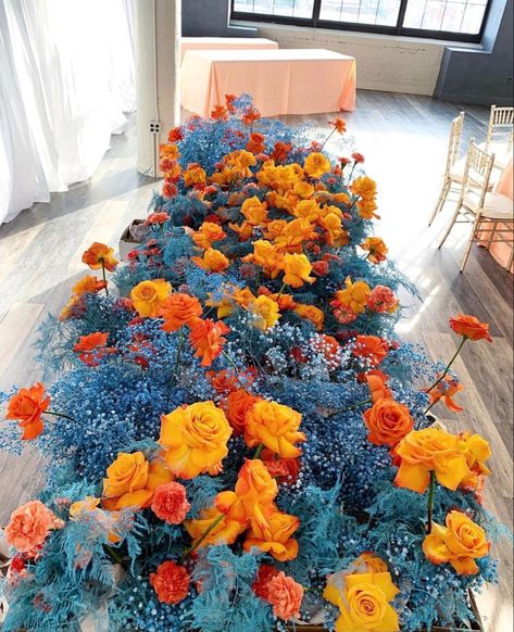 Nicole Rossi, Orange Centerpieces, Blue Flower Arrangements, 70th Birthday Decorations, White Linens, Baby S Breath, Orange Wedding, Orange Roses, Blue Baby