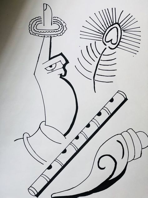 Hand Made & Self Made Drawing Of Lord Krishna’s Flute , Hand And Sudarshan Chakra And Also Shankh 💙🙈🔥🌍 Krishna Flute Drawing, Sudarshan Chakra, Flute Drawing, Cartoons Krishna, Jai Shri Krishna, Skull Art Tattoo, Krishna Flute, Chakra Art, Shri Krishna