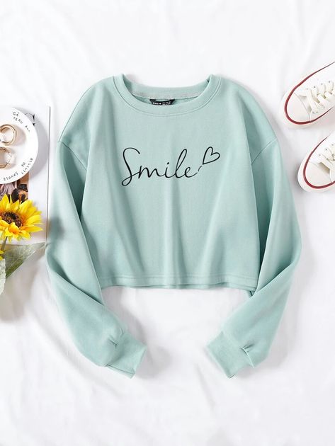 Heart & Letter Graphic Crop Sweatshirt | SHEIN USA Heart Letter, Trendy Dress Outfits, Women Sweatshirts, Cute Preppy Outfits, Cropped Sweatshirt, Shein Tops, Shein Style, Drawstring Hoodie, Crop Sweatshirt