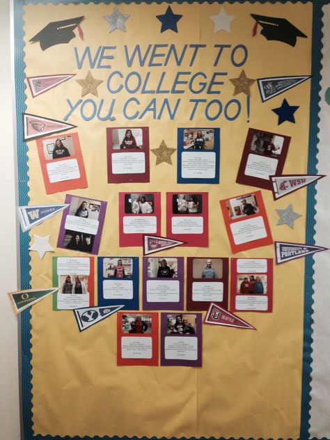 "We went to college you can too!" Bulletin board for college awareness. #elementaryschoolcounseling College And Career Bulletin Board Ideas Middle School, College Themed Classroom, College Counseling Bulletin Boards, College Corner In Classroom, College Awareness Bulletin Boards, College Advisor Office Decor, Bulletin Board Ideas For Office, College And Career Bulletin Board, College And Career Center