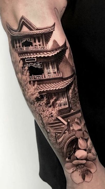 Japanese Temple Tattoo, Ronin Tattoo, Japanese Forearm Tattoo, Shoulder Tattoo Designs, Samurai Tattoo Sleeve, Japanese Tattoos For Men, Temple Tattoo, Tattoo Japanese Style, Tattoo Dotwork