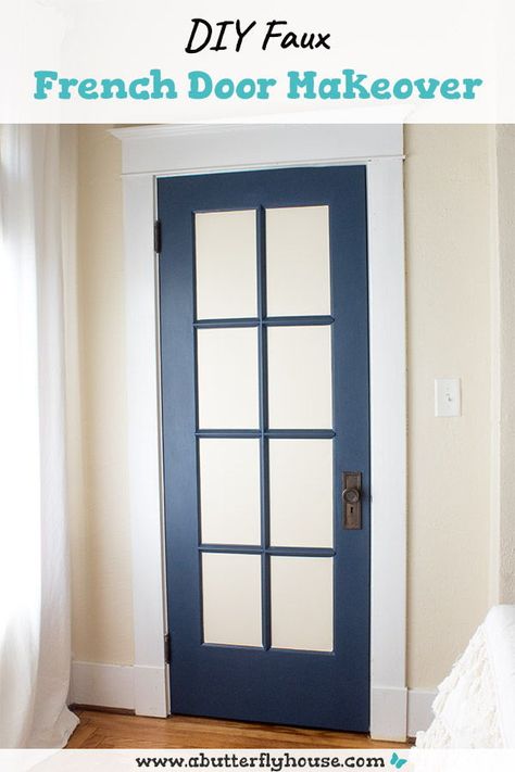 This quick makeover turns a boring brown door into a fabulous faux french door. Quick project requires only trim and paint! #homeimprovement Faux French Doors, Single French Door, Closet Door Makeover, Brown Doors, Interior Decorating Tips, Easy Diy Decor, Interior Decorating Styles, Butterfly House, Bathroom Door