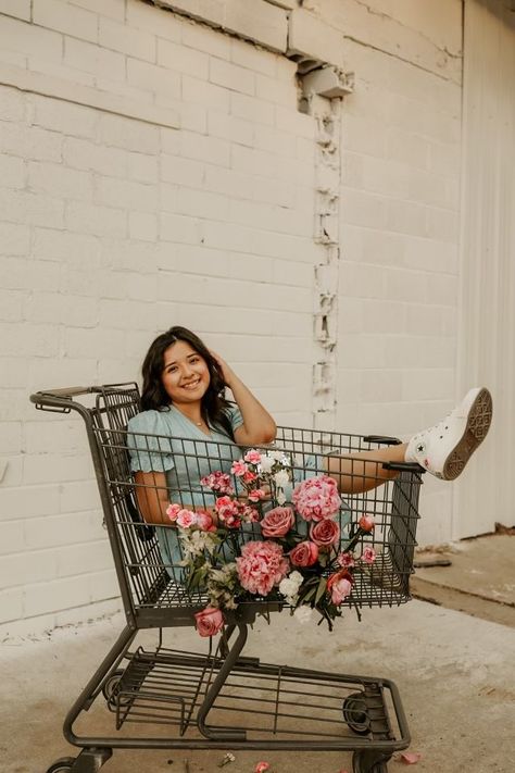 Floral photography Chair Portrait Poses, Flower Shopping Cart Photoshoot, Flower Cart Photoshoot, Senior Ambassador Photography, Flower Chair Photoshoot, Flower Concept Photoshoot, Shopping Cart Photoshoot, Flower Shop Photoshoot, Cart Photoshoot