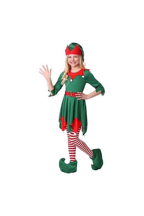 This Santa's Helper costume includes a elf dress, a stocking cap, a belt, and a pair of foam shoe covers. Kids Elf Costume, Santa's Helper Costume, Xmas Costumes, Elf Dress, Girl Elf, Santa's Workshop, Elf Costume, Stocking Cap, Santa's Little Helper