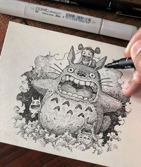 My Neighbor Totoro. Detailed Fantasy Ink Drawings. Click the image, for more art by Kerby Rosanes Ink Sketches Sketchbooks, Anime Ink Drawing, Totoro Drawing, Totoro Art, Ink Drawing Techniques, Black Ink Art, Arte Indie, Kerby Rosanes, Couple Drawing