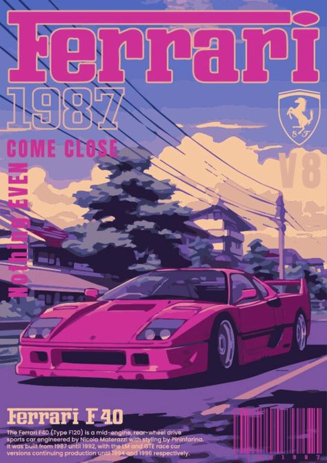 Celebrate automotive history with this retro-inspired art print featuring the iconic Ferrari F40. Originally built in 1987, the Ferrari F40 was a groundbreaking supercar, and this poster captures its essence with a striking neon, retro-style design. The bold colors and vintage typography bring a nostalgic, outrun aesthetic that blends the excitement of 80s culture with the timeless beauty of this legendary V8 supercar. Perfect for car enthusiasts, fans of retro artwork, or anyone looking to add a bold and vibrant piece of wall decor, this art print is sure to be a conversation starter. Whether it's displayed in a home, garage, office, or studio, the Ferrari F40's sleek lines and powerful presence will captivate anyone who loves speed and style. Vibrant Retro Aesthetic, Retro Poster For Room, Ferrari Poster Aesthetic, Old School Ferrari, Posters To Print Out For Your Room, 80s Poster Aesthetic, Vintage Car Poster Design, Cute Posters For Room, F1 Posters Vintage