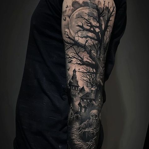 Detailed gothic tattoo sleeve design with barren tree, full moon, mysterious house, and skeletal figure, showcasing darkly beautiful aspects of goth culture. Haunted House Tattoo, Mysterious House, Gothic Culture, Landscape Tattoo, Gothic Tattoo, Arm Sleeve Tattoos, Home Tattoo, Tattoo Sleeve Designs, Tree Tattoo