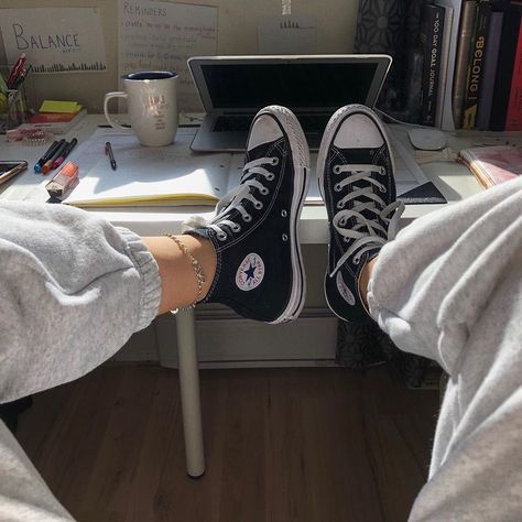 JOURNEYS | Converse All Star Hi Black -- photo credit: @ summerrbutterflyy Converse Shoes, All Star, Converse, Desk, On Instagram, Black, Instagram