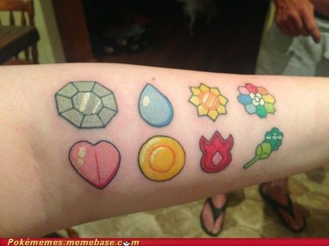 Pokémon gym badges tattoo.... if I wasn't a wimp and fearful for my life I would get this :) Pokemon Gym Badges Tattoo, Pokemon Gym Badges, Pokemon Tattoos, Gym Badges, Best Tattoo Ever, Nerd Tattoo, Knuckle Tattoos, Feather Tattoo Design, Geek Tattoo