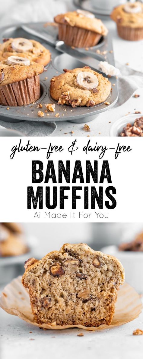 Gluten free and dairy free banana muffins Dairy Free Banana Muffins, Over Ripe Bananas, Ripe Banana Recipe, Gluten Free Banana Muffins, Banana Recipe, Dairy Free Breakfasts, Banana Bread Muffins, Gluten Free Banana Bread, Moist Banana Bread