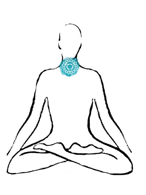 Meditation silhouette with marked throat chakra Bliss Tattoo, Throat Chakra Drawing, Shadow Work Throat Chakra, Throat Chakra Yoga, Throat Chakra Symbol, Throat Chakra Meditation, Meditation Silhouette, Vishuddha Chakra, Yoga Facts