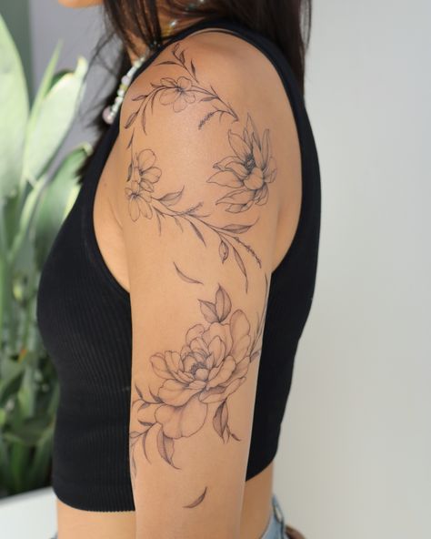 BOTANICAL FLOW 🌿 peony, lotus, and cherry blossoms Lotus Peony Tattoo, Peony And Cherry Blossom Tattoo, Fine Line Cherry Blossom Tattoo, Cherry Blossom Shoulder Tattoo, Small Peony Tattoo, Fine Line Peony Tattoo, Cherry Blossom Tattoo Shoulder, Back Shoulder Tattoo, San Francisco Tattoo