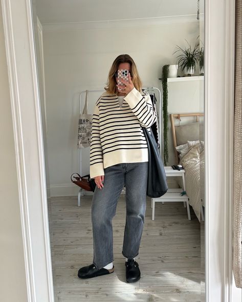 An easy minimal casual autumn outfit featuring a striped v neck jumper, black straight leg high waist jeans, Birkenstock Bostons and a black tote bag. Follow my shop @madisoneley on the @shop.LTK app to shop this post and get my exclusive app-only content! #liketkit #LTKstyletip #LTKSeasonal #LTKmidsize @shop.ltk Black Birkenstock Boston Outfit, Black Boston Birkenstock Outfit, Striped Jumper Outfit, Birkenstock Boston Black, Boston Birkenstock, Birkenstock Boston Outfit, Boston Outfits, Birkenstock Outfit, Black Birkenstock