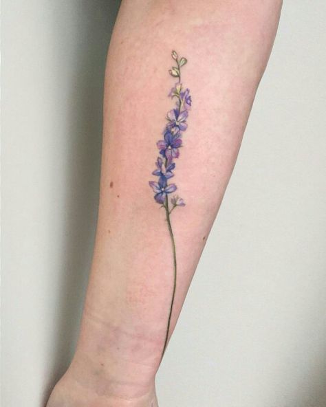 Realistic lavender tattoo NYC Flower Tattoos For Women Arm, Delphinium Tattoo, Tattoos For Women Arm, Flower Tattoos For Women, Larkspur Tattoo, Delicate Flower Tattoo, Lavender Tattoo, Beautiful Flower Tattoos, Blue Tattoo