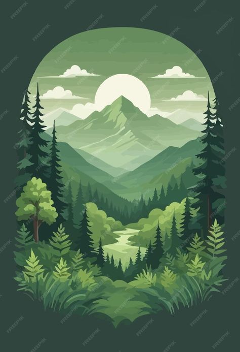 Premium Vector | A mountain landscape with a mountain in the background Green Forest Illustration, Mountain Background, Green Mountains, Tshirt Illustration, Forest Illustration, Landscape Drawings, Painted Clothes, Green Olive, Green Mountain