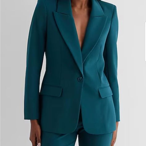 Brand New/With Tags Size: Xl Color/ Teal/Blue-Green Hue Stretch Fabric/Material Sold Out Online Product Details Description This Blazer Is A Chic Pick That Defines Your Waist Giving You A Flattering Look And Comfortable Fit. Pair With The Matching Pant For Effortless Styling. Features & Fabric Peak Lapels; One Button Closure Long Sleeves; Padded Shoulders Flap Hand Pockets Straight Hem; Lined Polyester/Spandex Imported Teal Womens Suit, Teal Blazer Outfit, Teal Suit, Teal Outfits, Blazer Verde, Teal Pants, Teal Blazer, Black Love Couples, Marilyn Manson