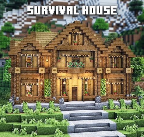 Mc House Inspiration, Minecraft Survival House For Two, Minecraft House Decor Exterior, Large Minecraft Survival House, Minecraft Survival Mansion Ideas, Big Minecraft Houses Survival, Minecraft House Ideas Big Cottage, Minecraft Oak Wood House, Minecraft Survival House Big