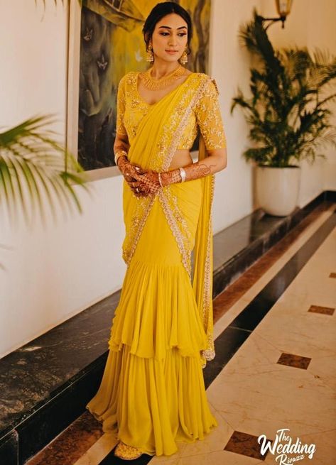 Modern Iteration of Sari - Skirt/Pre Draped Sari Haldi Outfit For Bride, Ruffled Saree, Haldi Ceremony Outfit, Haldi Dress, Baju Kahwin, Haldi Outfits, Haldi Outfit, Ruffle Saree, Ready To Wear Saree