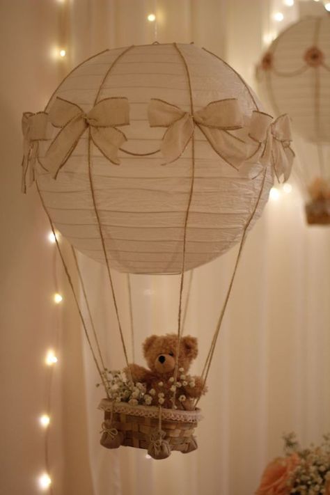 110+ Easy Baby Shower Ideas for Girls - Holidappy Teddy Bear Air Balloon, Diy Hot Air Balloon Basket, Craft Hot Air Balloon, Hot Air Balloon Diy, Teddy Bear Plushies, Hot Air Balloon Basket, Baby Shower Hot Air Balloon, Diy Hot Air Balloon