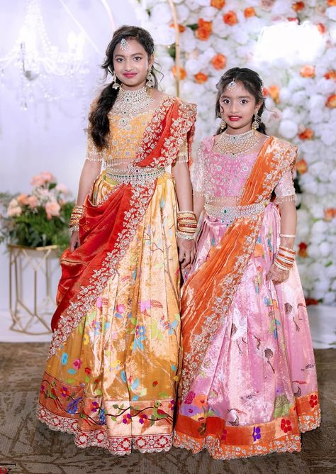 Saree Function For Kids, Kids Langa Voni, Kids Half Saree Designs, Half Saree Function Kids, Long Frocks For Girls, Indian Dresses For Kids, Saree Function, Half Saree Function, Langa Voni