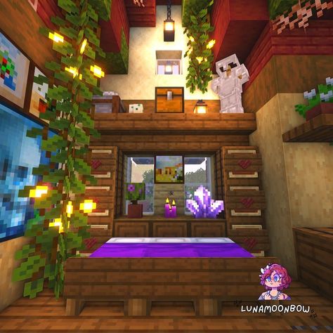 Minecraft Crafting Room Ideas, Minecraft Chest Room Ideas Aesthetic, Minecraft Alchemy Room Ideas, 4 Person Bedroom, Minecraft Altar Ideas, Minecraft Bedroom Interior, Minecraft Witch House Interior, Enchantment Room Minecraft Ideas, Minecraft Workbench