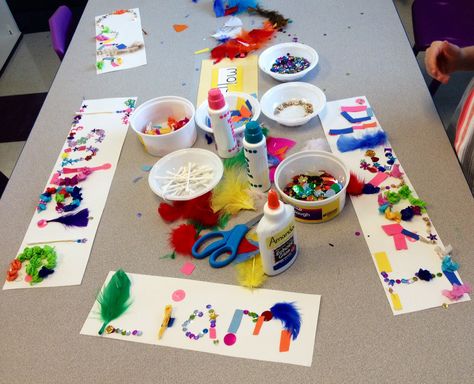 Creative Curriculum Art Activities, Name Art Projects For Preschoolers, Creative Art Kindergarten, Kindergarten Art Portfolio, September Process Art Preschool, Writing Center Activities Preschool, Collage Preschool Activities, Abc Theme Preschool Activities, Name Study Preschool