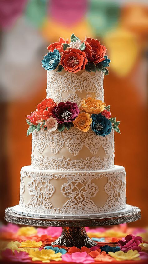 57 Mexican Wedding Cake Ideas: Elegant Designs and Flavours Mexican Themed Wedding Cake, Mexican Wedding Reception Ideas, Hacienda Wedding Cake, Mexican Vow Renewal, Mexican Theme Wedding Cake, Guadalajara Wedding Venues, Mexican Ranch Wedding Ideas, Winter Mexican Wedding, Classic Mexican Wedding