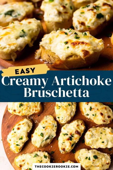 Artichoke Bruschetta is a simple and delicious appetizer that's just perfect for parties. Creamy, cheesy artichoke dip is baked onto toasted bruschetta for a delicious finger food. Serve these before dinner, at cocktail hour, or for any get together. Bruschetta Artichoke, Chicken Crostini, Crostini Ideas, Brushetta Appetizers, Artichoke Bruschetta, Recipe Apps, Cheese Bruschetta, Bruschetta Appetizer, Xmas 2022