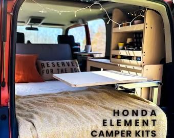 Element Camper Kit, Honda Element Camper Built With Cabinets, Expanding Bed, Opt Swing Out Tables E Life Campers - Etsy Micro Camper Kitchen, Vw Van Interior, Hippie Van Life, Car Camping Setup, Camp Kitchen Chuck Box, Book Bench, Honda Element Camper, Small Camper Vans, Camping Setup