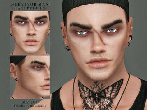 -Merci-'s Survivor Man -Face Details- Sims4 Face Tattoo, Sims 4 Cc Face Details Men, Eye Scar, Tattoo Over Scar, Facial Scars, Sims 4 Traits, Face Details, Sims 4 Cc Skin, Man Face