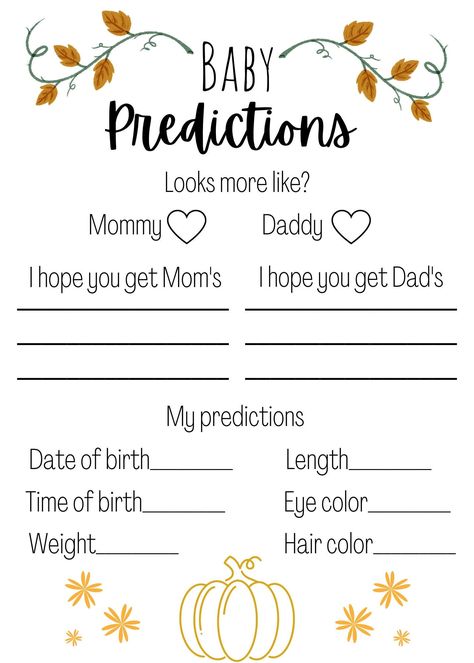 Baby predication game for baby shower. Fun easy game for all to play. Fall, autumn style with cute pumpkin these for fall theme showers. Instant download. Fall Gender Reveal Party Games, Pumpkin Theme Baby Shower Games, Baby Shower Ideas For Girls Themes Fall, Baby Shower Theme October, Fall Baby Shower Ideas Games, Falling In Love With Baby Shower Ideas, Baby Shower Themes Boy Fall, Baby Shower Games Fall Theme, Baby Shower Themes For Boys Fall