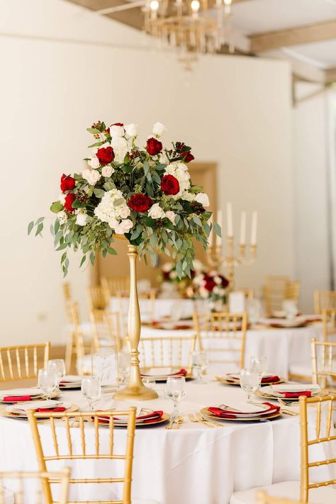 Red And Gold Fall Wedding Table Settings, Red And Gold Centerpieces Wedding, Red Cream And Gold Wedding Decor, Red White Gold Green Wedding, Red White Gold Centerpieces, Red Theme Wedding Reception, Red White And Gold Wedding Centerpieces, Red And Gold Wedding Table Decor, Red Flower Table Centerpieces