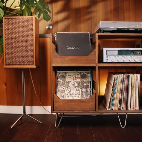 Hi Fi Storage Ideas, Vintage Hifi Setup, Vintage Speakers Living Room, Hi Fi Stand, Aesthetic Speaker, Stereo Furniture, Turntable Furniture Design, Record Player Shelf, Stereo Room