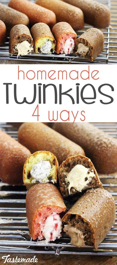 If you like Twinkies, you'll love these 4 little cakes stuffed with flavorful creams like peanut butter, Oreo and more. Twinkie Desserts, Homemade Twinkies, Twinkies Recipe, Twinkie Cake, Chocolate Snack Cake, Easy Homemade Desserts, Peanut Butter Oreo, Homemade Recipes Dessert, Sponge Cakes