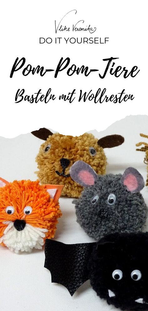 Fuchs, Fledermaus, Lama, Maus, Löwe ... so machst Du Pom-Pom-Tiere selber mit dem Pom-Pom-Maker und brauchst Deine Wollreste auf. #basteln #bastelnmitkindern Pom Pom Animals, Pom Pom Maker, Diy Upcycling, Craft Stick Crafts, Pom Poms, Creative Work, Diy And Crafts, Kindergarten, Crafts For Kids